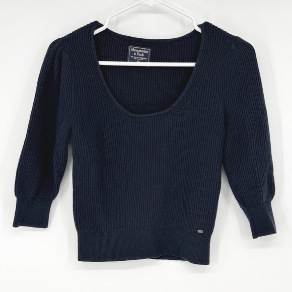 Abercrombie & Fitch Sweaters - Abercrombie & Fitch XS Navy Blue Ribbed Knit Scoop Neck Puff Sleeve Sweater Y2K
